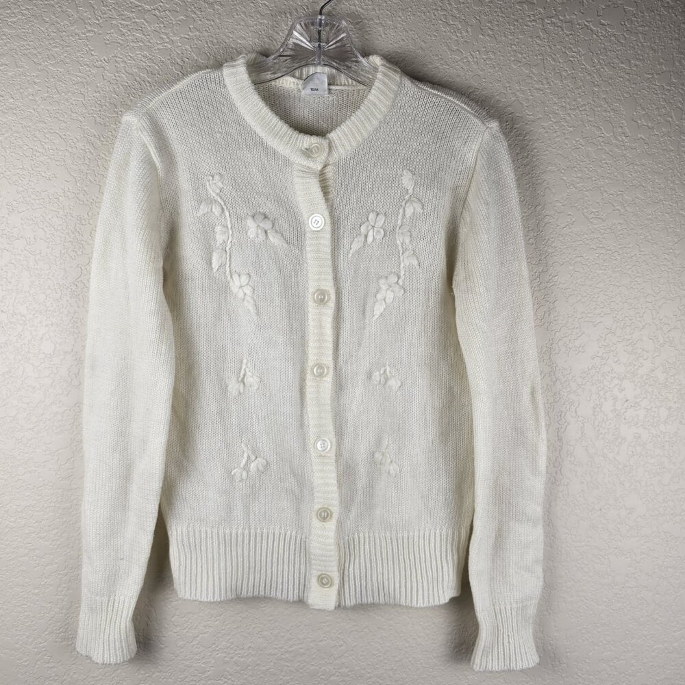 VTG White Knit Cardigan Floral Embroidered‎ Button Up Sweater EUC Cottage Granny